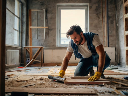 Carpenter at work. Bearded caucasian man in overalls and gloves working on wooden floor.の素材