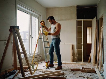 Man working with a hammer and a screwdriver on a construction siteの素材