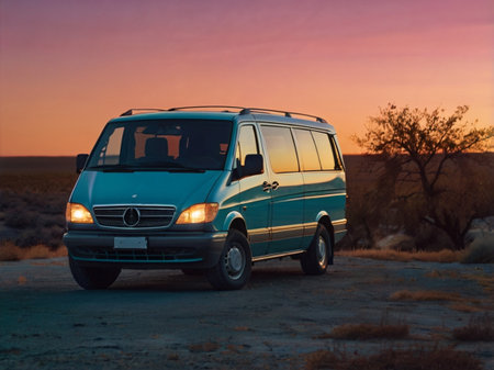 Camper van in the Namib desert at sunset. Namibiaの素材