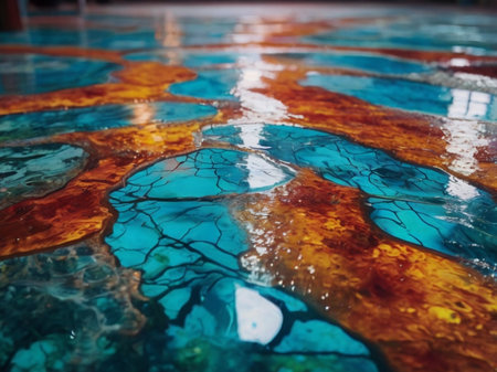 abstract background of blue and orange water in a pool with reflectionの素材