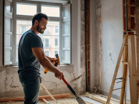 Worker with a hammer on the background of a new apartment.の素材