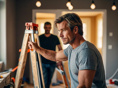 Handsome caucasian man in blue t-shirt and gray pants standing near the ladder and looking at his friendの素材