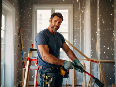Portrait of a construction worker using a power tool while working in a new houseの素材