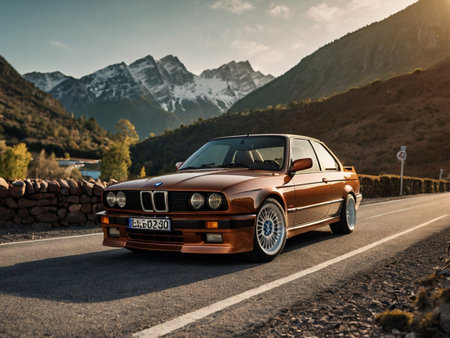 Old american car in the mountains at sunsetの素材