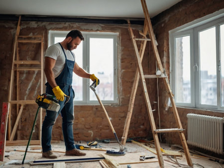 Carpenter with electric drill working on a new house construction siteの素材