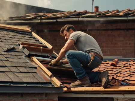 Roofer working on the roof of a house. Roofing works.の素材