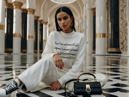 fashion outdoor photo of beautiful sensual woman with dark hair in luxurious clothes and accessories posing in old palaceの素材