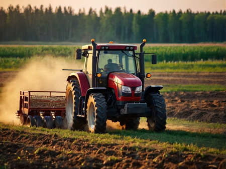 Farmer in tractor preparing land with seedbed cultivator at fieldの素材