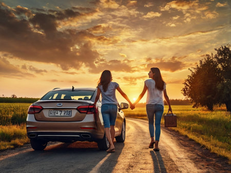 Two young women hitchhiking by car on countryside road at sunsetの素材