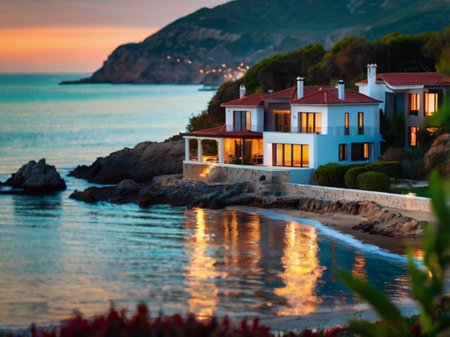 Beautiful house on the beach at sunset. Greece, Sithoniaの素材
