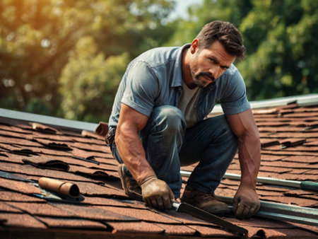Low angle view of a mature man working on the roof of a house.の素材