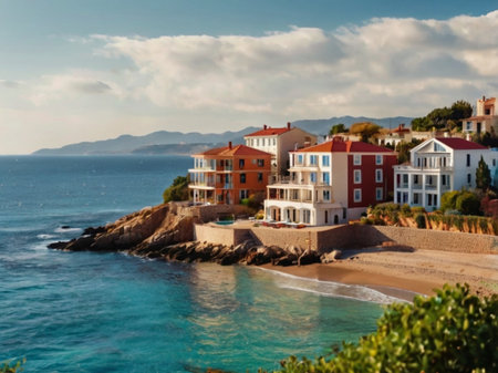 Colorful houses on the beach in Balearic Islands, Spainの素材