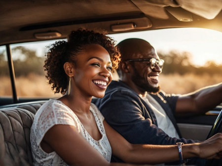 Cheerful african american couple looking at camera while driving carの素材