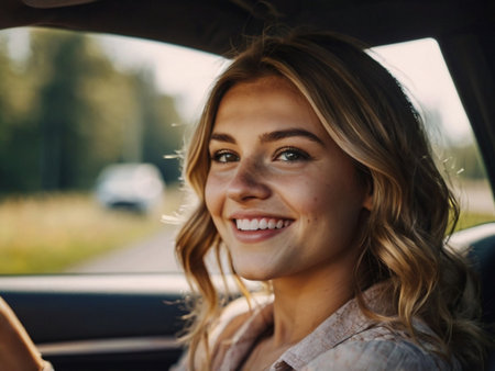 Portrait of a beautiful young woman smiling while driving a car.の素材