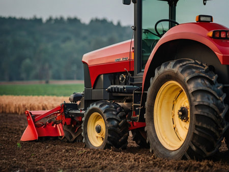 Agricultural tractor preparing land with seedbed cultivator in the fieldの素材