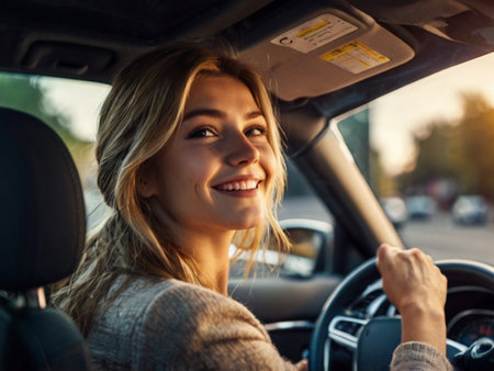 smiling young woman driving car and looking at camera on blurred backgroundの素材