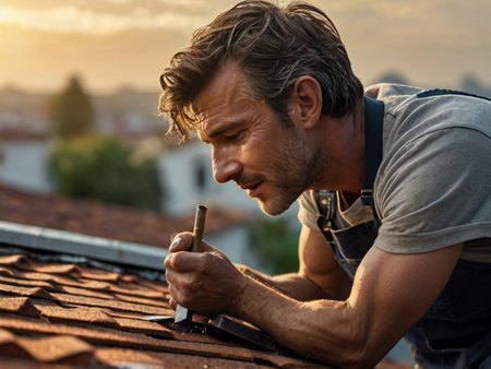 Portrait of a handsome mature man working on a roof at sunsetの素材