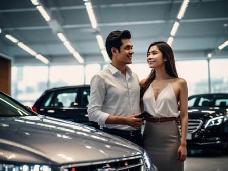 Beautiful asian couple choosing car in showroom. Focus on womanの素材
