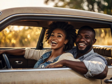 Portrait of a happy young African American couple driving in a convertible carの素材