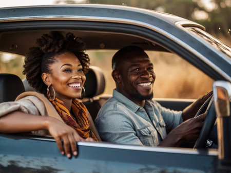 Young african american couple driving a convertible car in the countrysideの素材