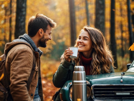 Happy couple drinking coffee in autumn forest. Man and woman standing near retro car.の素材