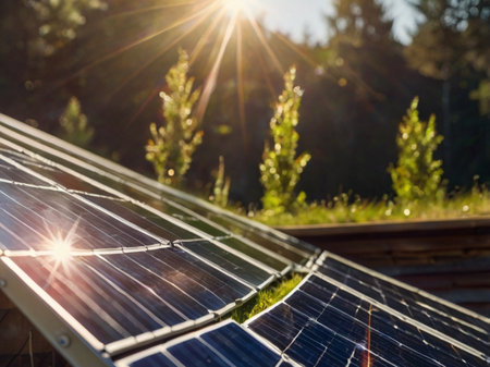 Solar panels installed on the roof of a house. Alternative energy source.の素材