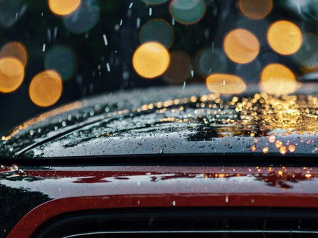 Rain drops on a car windshield with blurred bokeh background.の素材