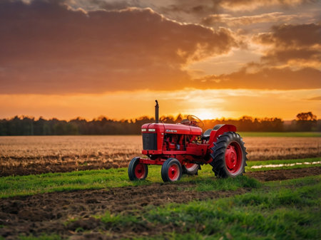Farmer with tractor preparing land with seedbed cultivator at sunsetの素材