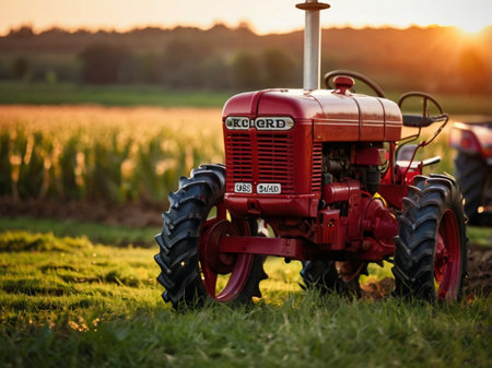 Tractor on the field at sunset. Agricultural machinery in the field.の素材