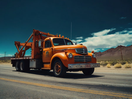 Old orange truck on the road in the Mojave Desert, Californiaの素材