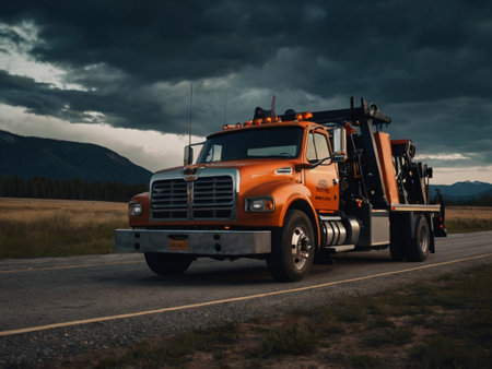 Truck on the road with stormy sky in the background.の素材