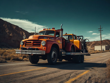 Truck on the road in the Mojave Desert, California, USAの素材