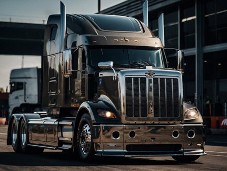 Classic american big rig semi truck in action on the road.の素材