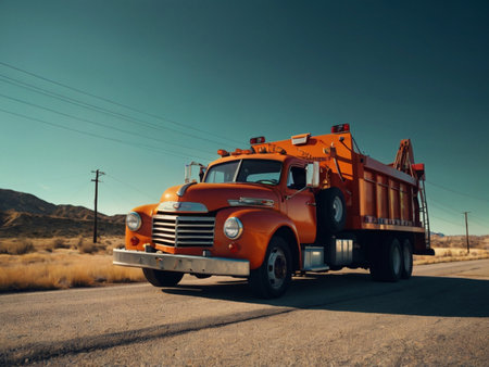 Abandoned orange truck on the road in California, USA.の素材