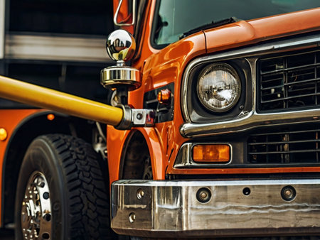 Close-up image of the headlight of a modern fire truckの素材