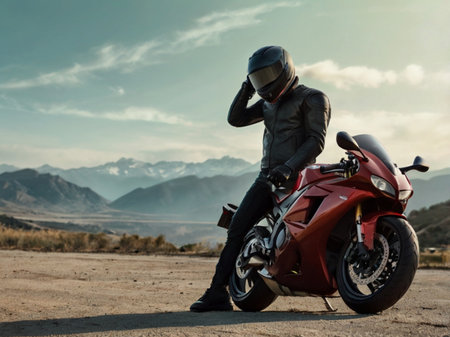 Biker in helmet and black leather jacket sitting on red motorbikeの素材