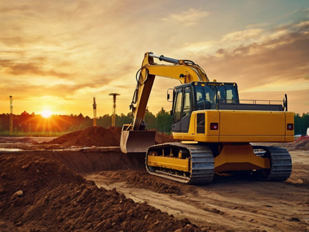 Excavator at the construction site on a background of the sunsetの素材