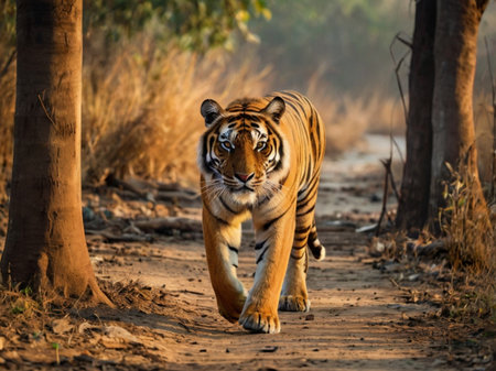 Bengal Tiger walking in Ranthambore National Park, Indiaの素材