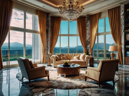 Interior of a luxury living room with a large window overlooking the mountainsの素材