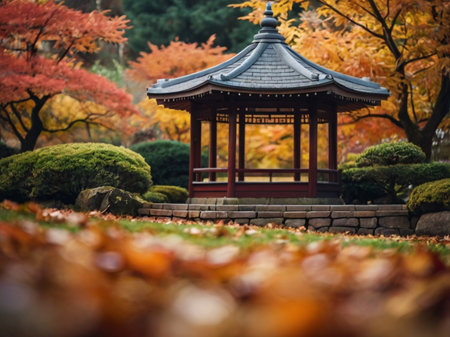 Autumn leaves and pavilion in Japanese garden. Selective focus.の素材