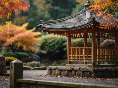 Japanese garden in autumn season with colorful maple leaves and wooden pavilionの素材