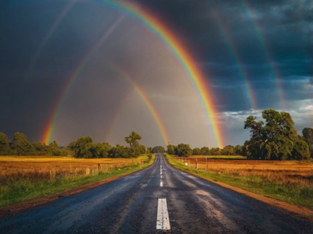 Rainbow over a road in the countryside of New South Wales, Australiaの素材