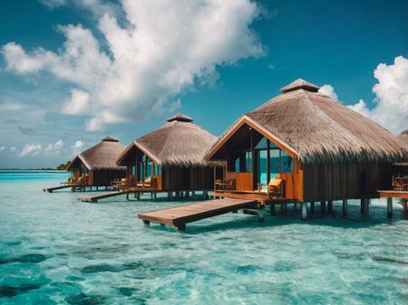tropical beach in Maldives with few palm trees and blue lagoonの素材