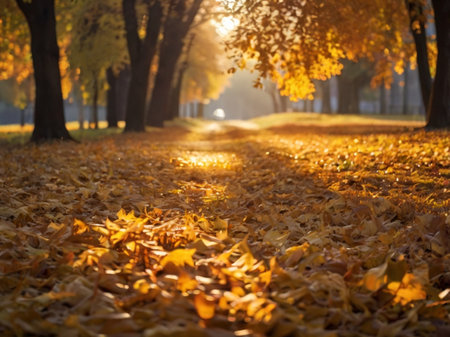 Autumn landscape with yellow leaves on the ground in the park.の素材