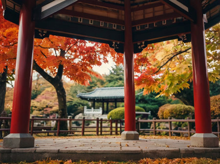 Autumn maple leaves in Japanese garden with pavilion.の素材