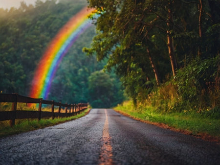 Rainbow over the road in the rainforest, Nature background.の素材