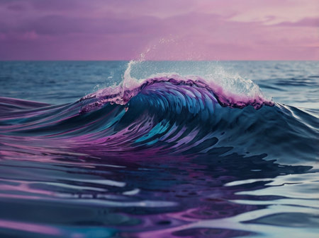 Ocean wave with splashes and ripples on the surface at sunsetの素材