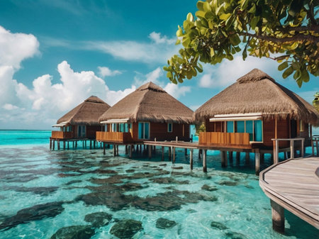 tropical beach in Maldives with few palm trees and blue lagoonの素材