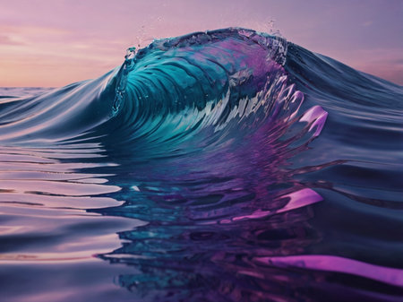 Beautiful wave splash in the sea at sunset. Colorful backgroundの素材