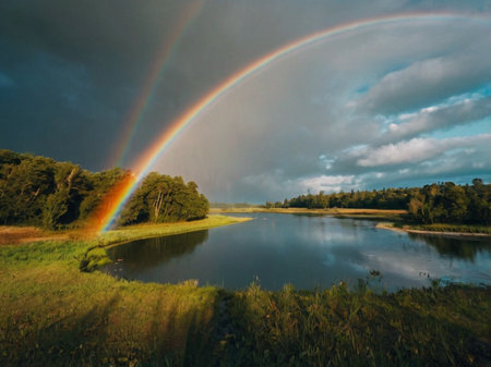 rainbow over the river in the evening, beautiful photo digital pictureの素材
